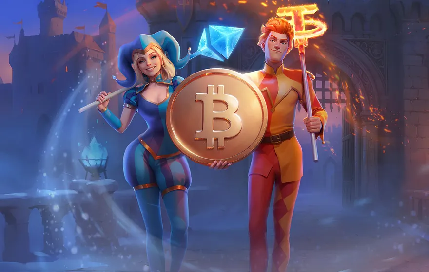 Lolajack Casino – the jesters Lola and Jack holding a Bitcoin coin on a castle bridge, crypto casino banner