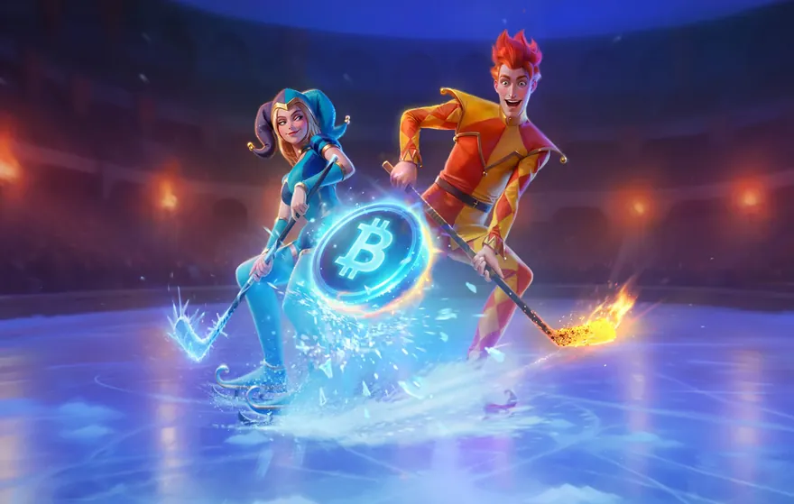 Lolajack Casino – the jesters Jack and Lola on the arena ice with a Bitcoin puck, crypto sports banner